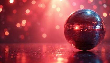 Aufkleber - Sparkling disco ball on reflective floor. Red bokeh lights, copy space. Party vibe, night club atmosphere. Entertainment, music event backdrop. Retro vintage feeling.