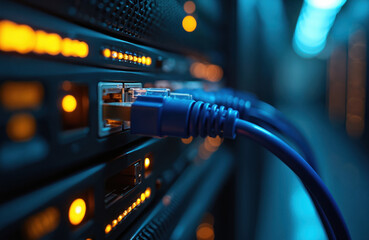 Poster - Network server rack with connected cables in data center. Ethernet cable plugged. Modern tech, broadband internet. Computer network digital information system. Data transfer, high-speed connection,