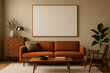 © alimohsin07 - Mid Century Modern Living Room Blank Canvas Orange Sofa Wooden Furniture Neutral Walls Dried Flowers