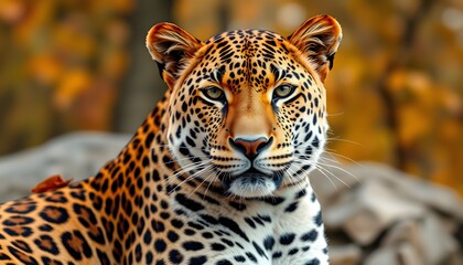 poster with a leopard against the background of autumn nature. fashionable animal prints