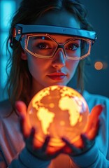 Poster - Futuristic portrait of woman with virtual reality glasses holding globe. Concept of future tech, global communication. Woman with virtual reality interface. Modern cyberspace design, innovative tech