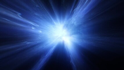 Poster - Dynamic abstract background featuring a bright, luminous blue light bursting outwards like a star or energy core, surrounded by plasma or nebula effects against a dark backdrop. 3D render