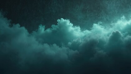 Poster - Teal fog or smoke on dark space background. Illustration features clouds with texture against starry night sky. Swirling patterns, motion design, light, dark colours create mystical dreamy atmosphere.