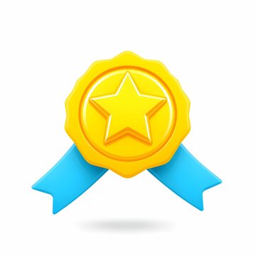 A golden badge with a star in the center and blue ribbons, symbolizing achievement and quality.