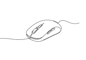 Fototapete - Continuous line drawing of a computer mouse with visible cable on a plain white background space