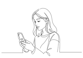Poster - Continuous line drawing of a young woman using a smartphone with a focused expression on her face