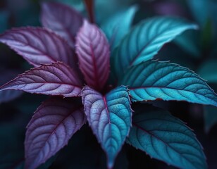 Poster - Close-up of vibrant leaves featuring purple, teal hues. Detailed texture, gradient lighting on plant, foliage. Nature background wallpaper, floral print, abstract botanical digital artwork, high-res