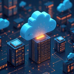 Poster - Cloud computing concept. Digital transformation, data transfer to server, cloud data center, SaaS. Technology infrastructure, network security, internet of things, AI innovation.