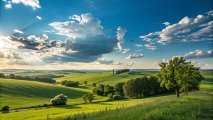 Naklejka na meble Sunlit Rolling Hills Landscape Dramatic Cloudscape, Green Fields, Wide Composition, Nature Photography, Rural Scenery Keywords Landscape, Nature