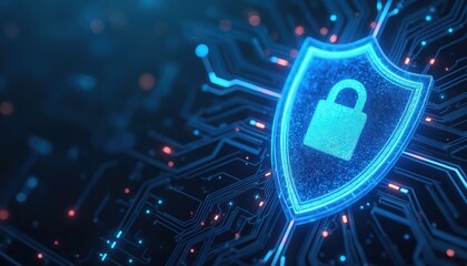 Leinwandbilder - Digital shield with lock icon on abstract tech background. Security, data protection, network privacy, cyber safety concept. 3d rendering illustration of secure connection.