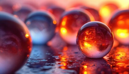 Poster - Abstract illustration featuring glossy spheres in vibrant shades of red orange, purple. Dynamic lighting, reflections on wet surface. Modern design visualizes tech, science concepts festive festive