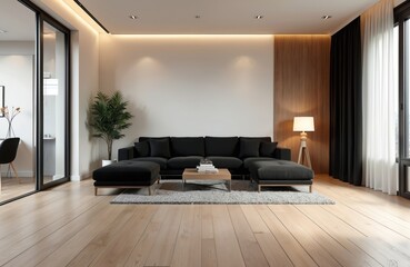 Poster - Modern living room with wooden accents black sofas cozy lighting. Interior design includes decorative plants. Minimalist home with large windows. Empty room with light.