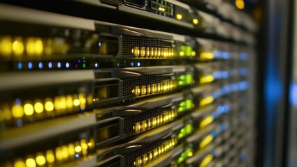 Poster - Data processing and digital protections at a technology facility during the evening hours, data protections text and digital data processing over computer servers