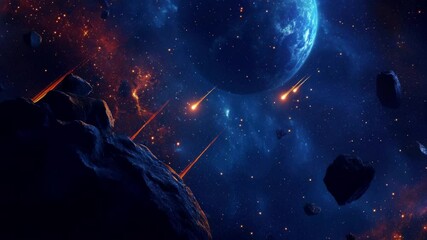 Wall Mural - earth gliding through space with meteors and asteroids in a starry backdrop, planet earth flying in 