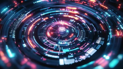 Poster - Futuristic circular design with vibrant neon lights showcasing technology and innovation, 5G written in the middle of a futuristic circles