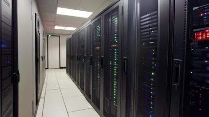 Poster - Data processing in a modern server room with advanced technology handling financial information, financial data processing over server room
