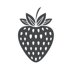 Poster - Strawberry silhouette on black background. Fresh fruit vector illustration. Simple berry design. Summer harvest graphic element. Decorative food ingredient icon.