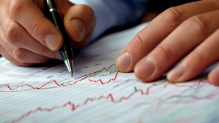 Poster - Businessman closely analyzing financial charts while planning investment strategies in a corporate office setting, close up businessman analyzing financial charts