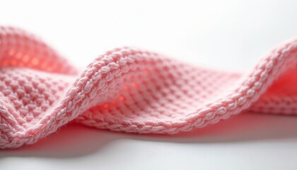 Poster - Close-up view soft knitted textile. Pink folded fabric, clean minimal design. Detailed delicate macro shot, focus shadow on white background. Gentle smooth surface. Ideal background for product demo.