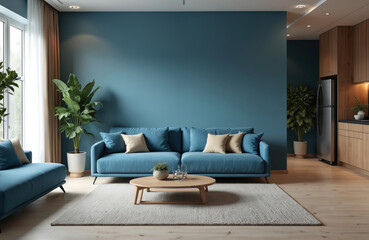 Aufkleber - Modern apartment living room with design. Blue wall with sofa. Big green plants. Kitchen interior. Empty room home decor with light. Contemporary style, minimalist design.