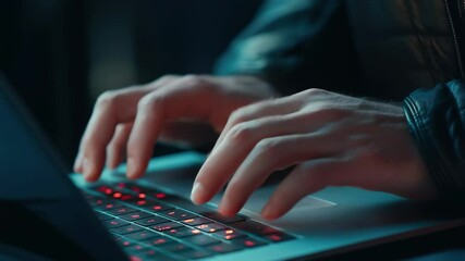 Poster - Close up shot of hands using a laptop touchpad in a dimly lit space at night, close up man uses the touchpad of his laptop