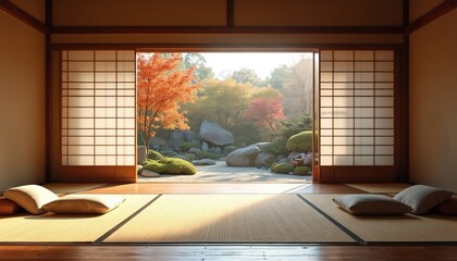 Poster - Japanese zen garden interior design. Calm room with view on zen garden. Traditional tatami mats and wooden doors. Peaceful home space, simple living concept.