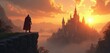 © Pete - Lone knight surveys vast medieval city during sunset. Golden hour light bathes majestic castle, mountain range, dramatic sky. Epic fantasy artwork conveys courage, exploration, adventure in kingdom.
