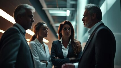 Poster - Group of business professionals engaged in a discussion in a modern office setting, group of business people discussing something in the hall of the business center