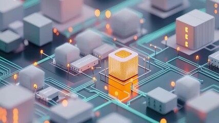  - Data blocks gathering in an animated network visualization of a digital city layout, Animation depicting data blocks being shared on a network