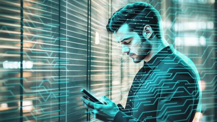 Poster - Man interacts with smartphone while surrounded by data network visuals in urban setting at night, Security and data network over man using smartphone near window blinds