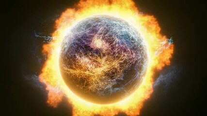 Poster - A glowing, abstract planet made of swirling blue and orange energy floats in the darkness of space.