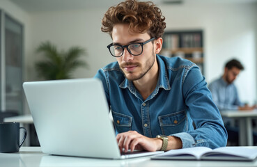 young man working at laptop in office. he wears glasses. pro, stylish, focused. creative workplace, 