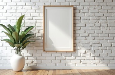 Poster - Vertical blank picture frame mockup on stone white brick wall. Modern minimalist interior design with green plant decor. Ideal for art, poster, photo presentation. Light room aesthetic, with