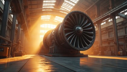Poster - Large industrial turbine in factory setting. Warm sunlight streams through windows, illuminating engine. Machinery for energy, power generation, heavy metal technology. Engineering, manufacturing,