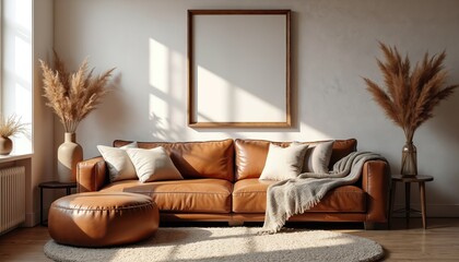Poster - Warm cozy living room interior brown leather sofa mock up poster frame. Sunlight, neutral colors, fluffy rug, pampas grass, home decor. Modern apartment interior, comfortable space, interior design.