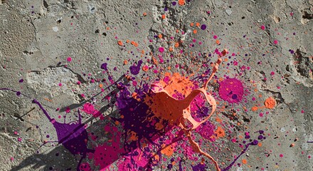 Poster - Orange and Pink Paint Splattered on Concrete Representing Urban Art and Chaotic Expression Grunge Texture