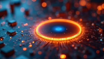 Poster - Orange glowing circle with blue center, futuristic tech design, modern digital technology, abstract concept. High-tech background, electronic circuit board, computer chip, data transfer, artificial