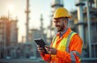 © Pete - Smiling oil refinery worker in safety uniform inspects equipment using tablet. Caucasian man in hard hat performs maintenance tasks with digital tech at industrial plant. Oil, gas industry employee