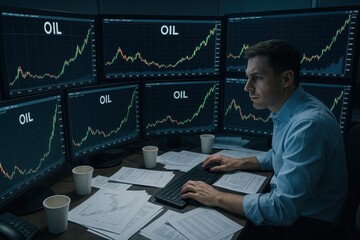 Poster - Focused oil market analyst works late into the night, analyzing stock data displayed across multiple computer screens, showcasing financial charts and economic trends in real time.