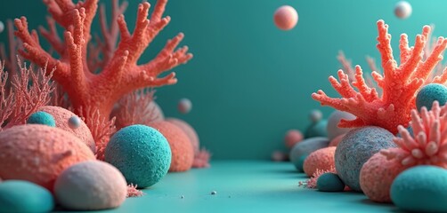 Poster - 3D render abstract illustration. Coral reef scene with teal color background. Underwater world, marine life, aquatic ecosystem, ocean design. Digital artwork. Abstract coral illustration, vibrant