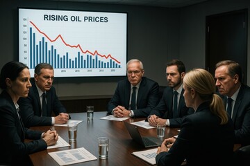Aufkleber - Serious business team analyzing chart of rising oil prices in a conference room, with concerned expressions, discussing market trends and financial strategy for future investments.