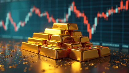 Aufkleber - Gold bars stack with falling stock market graph background. Concept of financial crisis investment risk, market decline, economic recession. Gold as investment protection. Investment, finance, stock