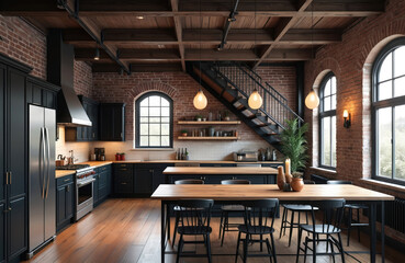 Poster - Stylish spacious industrial loft kitchen interior with modern black cabinets, wooden table, chairs, brick walls. Contemporary apartment design with elegant vintage decor, steel stairs. Open space