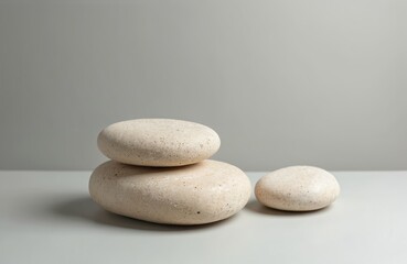 Aufkleber - Stacked light beige rocks on white table against gray background. Minimalist stone composition, spa zen mood. Natural material product display, neutral colors background, modern design for wellness,