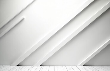 Poster - Abstract minimalist white wall design with diagonal lines. Clean modern background with wooden floor. Soft light, neutral color palette for interior design, product placement, tech background.