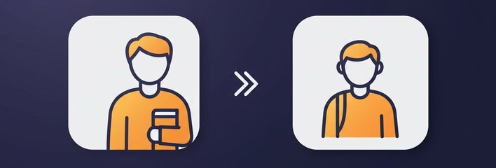 Aufkleber - Two student icons showing a transformation with an arrow in the middle on a dark blue background