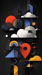 Fototapete - Modern abstract composition featuring overlapping geometric shapes like circles, triangles, and squares alongside a prominent location icon on a dark background