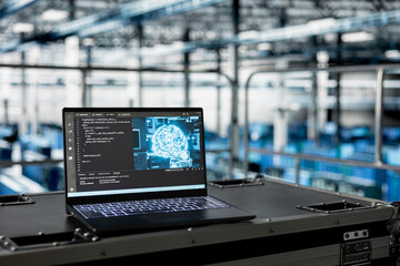 Poster - Close up of AI code running on laptop managing server room rigs machines powering networks. Artificial intelligence tech on notebook in data center facility helping process large datasets