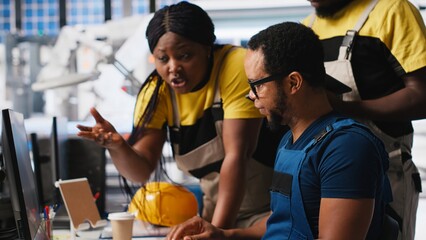Poster - black team of manufacturing plant employees fixing technical issues or errors, working together in t