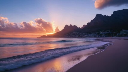 Wall Mural - A serene sunset scene with the sun dipping into the ocean, perfect for use in travel, relaxation or nature-themed projects.